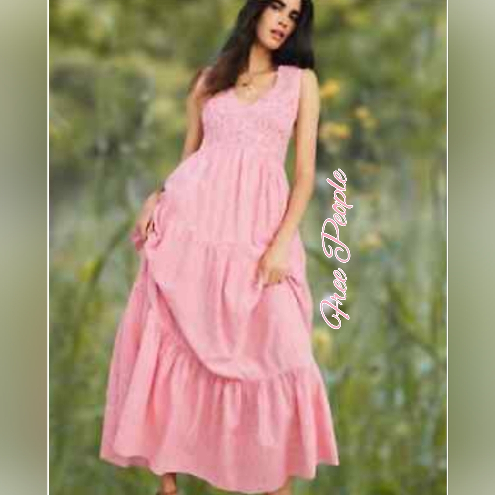 Free People Juno Sleeveless Smocked Tiered Maxi Dress Size L Guava Combo Pink
